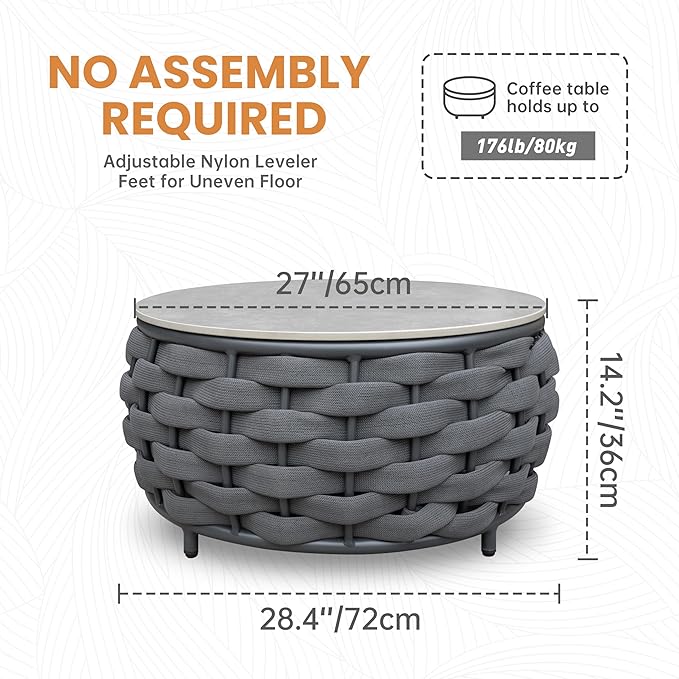 Short Round Patio Coffee Table: Hand Woven Rope Side Tables Assembled - Aluminum Outdoor Accent Table Modern - Metal Porch Furniture for 176lbs Deck Garden Balcony Hotel φ25.6''/65cm, Dark Gray