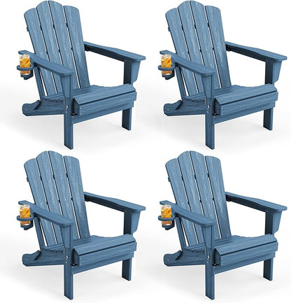 KINGYES Folding Adirondack Chair Set of 4, HDPE All-Weather Patio Chairs with Cup Holder, Wooden Textured Fire Pit Chairs for Poolside, Backyard, Deck, Navy