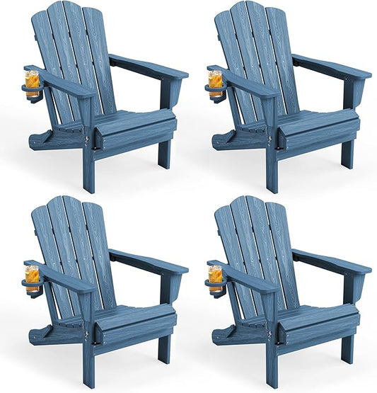 KINGYES Folding Adirondack Chair Set of 4, HDPE All-Weather Patio Chairs with Cup Holder, Wooden Textured Fire Pit Chairs for Poolside, Backyard, Deck, Navy