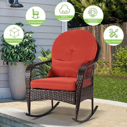 Outdoor Wicker Rocking Chair, 2 Piece PE Rattan Rocker Set with Cushion & Pillow, Outdoor Rocking Furniture for Garden, Porch, Backyard, Poolside (Brown Rattan+ Orange Cushion)