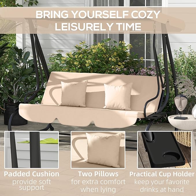 Outsunny 3-Seat Outdoor Patio Swing Chair, Converting Flatbed, Outdoor Swing Glider with Adjustable Canopy - Photo 6
