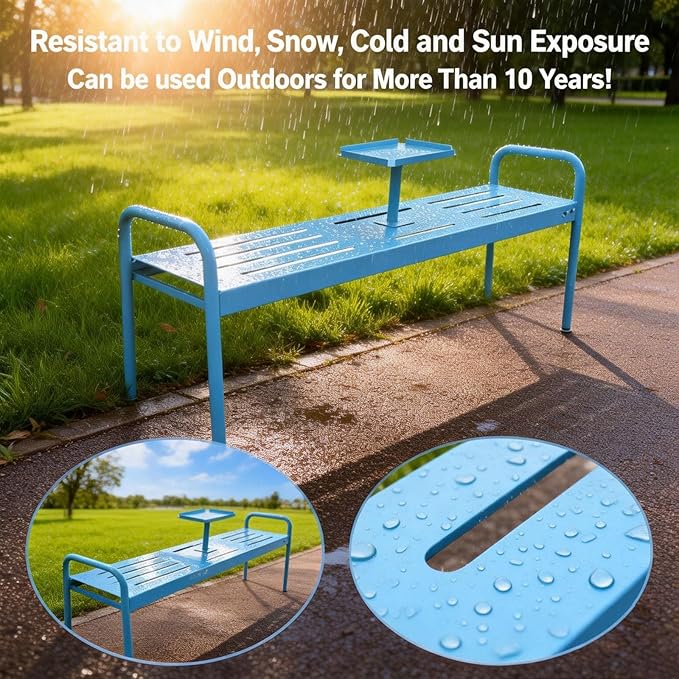 Modern Floor Patio Bench, 2-Person Metal Garden Bench Seat, Outdoor Benches Weatherproof with Built-in Small Table and Armrests, 120cm/47.2in Park Benches Outdoor Furniture(Beige)