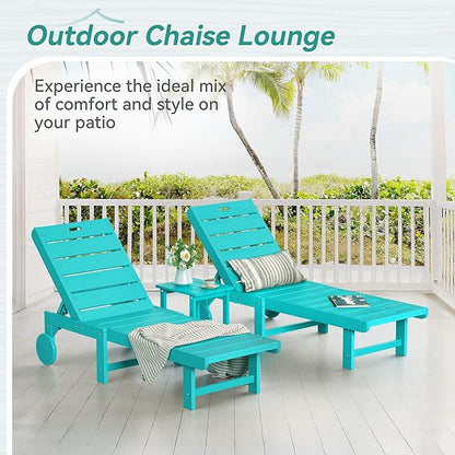 Outdoor Chaise Lounge Chairs Set of 2, 2-Piece, 26.8” Super Wide Lounge Chair Outdoor, HDPS Pool Chairs with 5 Positions, Patio Lounge Chair with Wheels for Pool,Lawn,Backyard, Aruba Blue
