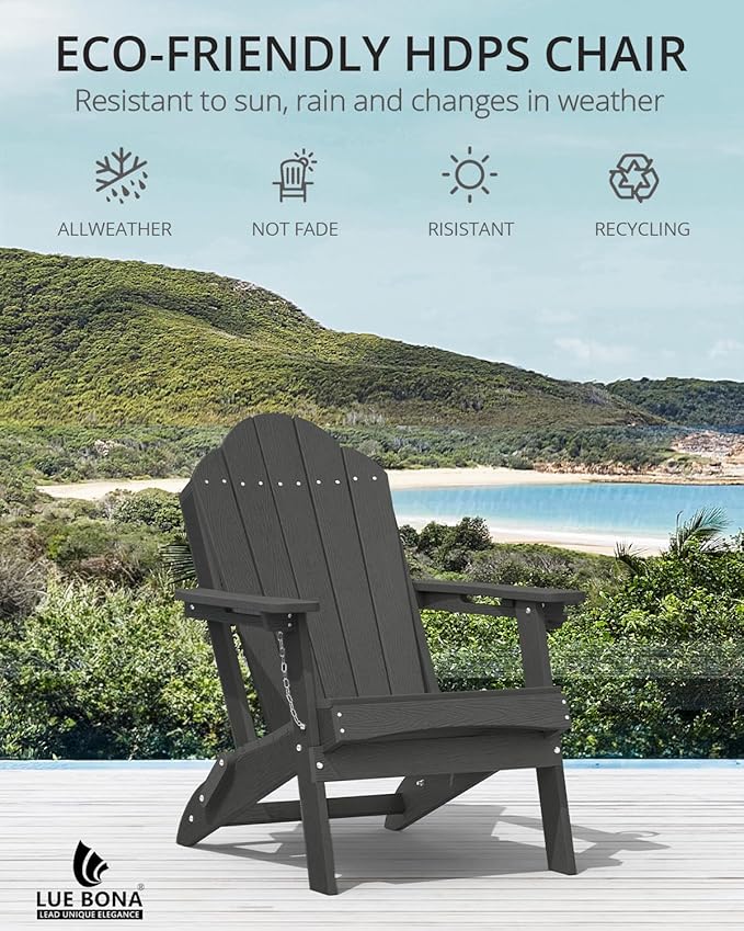 LUE BONA Folding Adirondack Chair, Cup Holder, Woodgrain, Fire Pit, Patio, Pool, Black - Photo 5