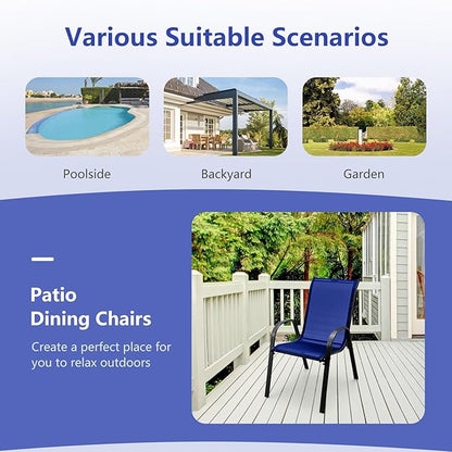 COSTWAY Patio Dining Chairs Set of 4, Stackable Outdoor Chairs with Armrest and High Back, Breathable Fabric & Metal Frame Chair for Garden Poolside Backyard Deck (Navy)