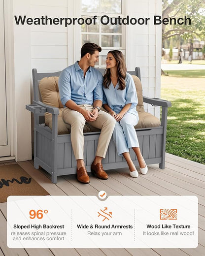 YEFU Outdoor Storage Bench for Patio: Heavy Duty Garden Bench Set of 2 with 96° High Backrest & Oversized Seating - HIPS Weatherproof Patio Bench with Storage for Porch Park Backyard, Grey