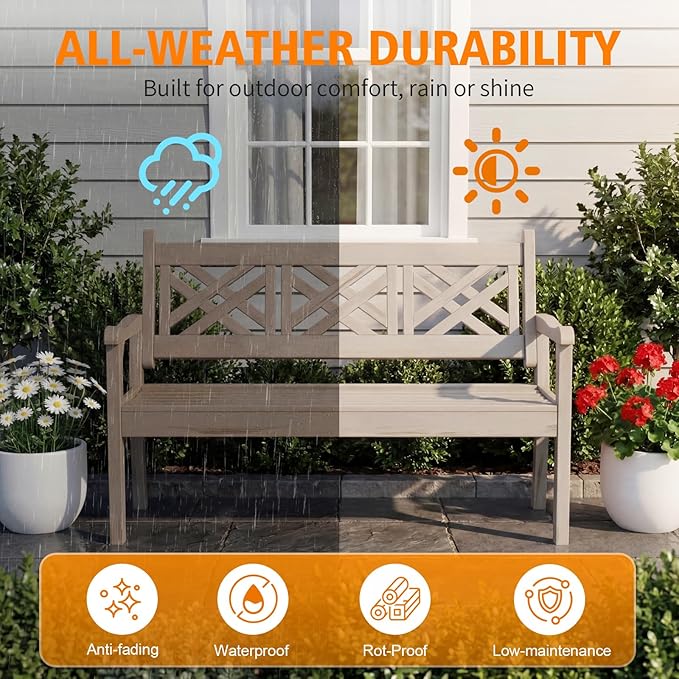 Psilvam 54''W All-Weather Poly Lumber Outdoor Bench, 3-Person Garden Bench with Decorative Backrest & Curved Armrests, Anti-Rot & Fade-Free Patio Bench for Porch, Backyard, and Park(Grey)