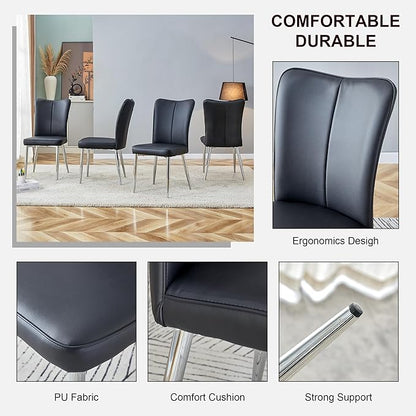 Modern Dining Chairs,Pu Upholstered Leather Chair And Sturdy Metal Legs,Comfortable Ergonomic Large Backrest Design,Applicable To Front Porch,Outdoor Lounge,Garden,Reception Room,Patio,BlackSilver-Met