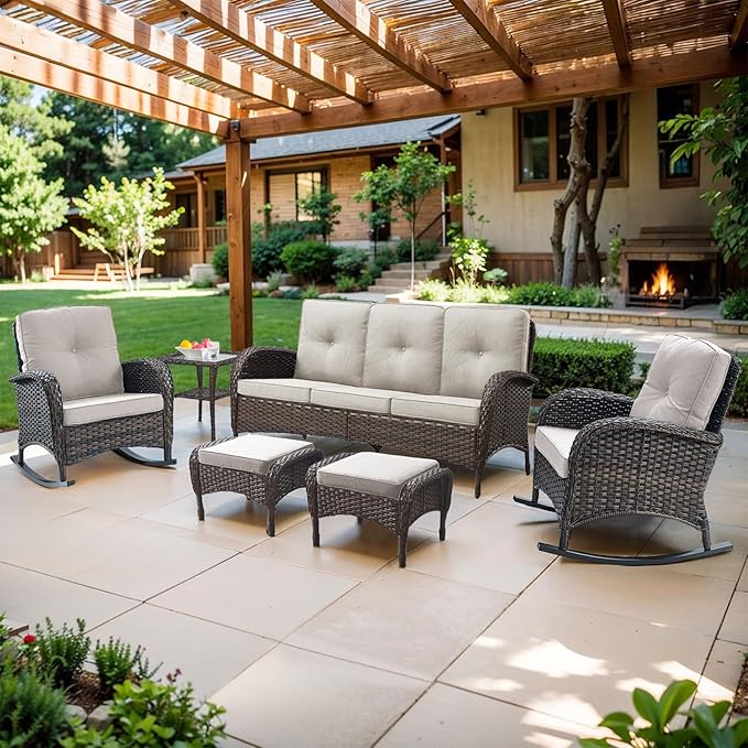 Belord Outdoor Patio Furniture - Wicker Sofa with Removable Cushion, 3 Seater Rattan Couch with Deep Seat, High Backrest, All-Weather for Balcony, Deck, Backyard, Brown/Beige