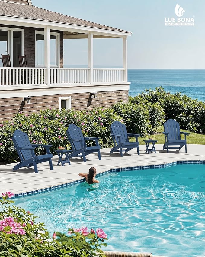 LUE BONA Folding Adirondack Chair, Chairs Set of 8, Cup Holder, Woodgrain, Fire Pit, Patio, Pool, Blue