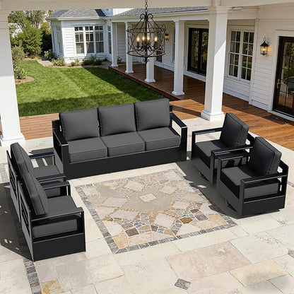 Outdoor Aluminum Furniture Set, 5-Piece Patio Conversation Set, 2 Swivel Chairs, 2 Chairs and 1 Sofa, All-Weather Metal Frame, 6" Thick Removable Cushions, Deep Setting for Garden and Porch