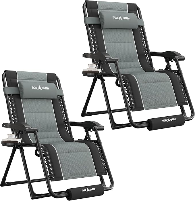 UDPATIO Oversized Zero Gravity Chair Set of 2, Outdoor Full Padded Recliner, Patio Folding Adjustable Reclining Seat with Cup Holder, Footrest & Headrest for Camping, 500LBS Support,Black/Gray,33in