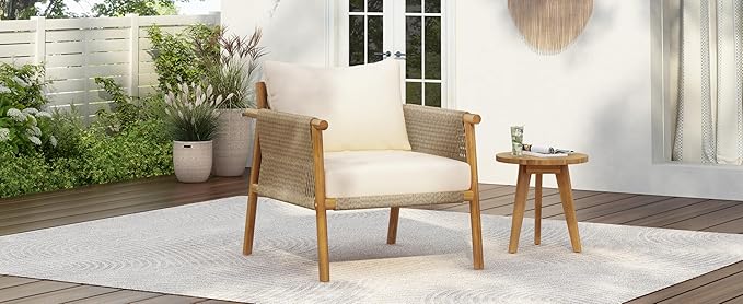 Christopher Knight Home Posey Modern Patio Wooden Club Chair with Rope Woven Armrest&Backrest, Outdoor Lounge Chair with Weather-Resistant Removable Cushions, Deep Seating Accent Chair, Teak+Beige