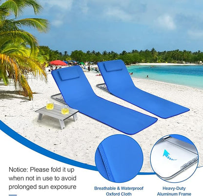 COSTWAY 3-Piece Beach Lounge Chairs, Outdoor Lounger with Side Table, 5 Reclining Positions, Lightweight & Portable Tanning Chairs for Sunbathing, Camping (Navy)