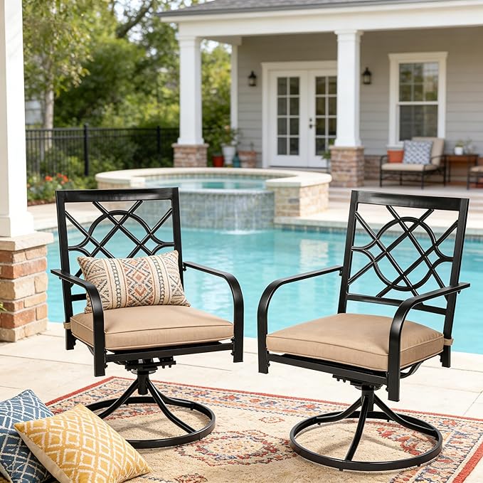 SUNCROWN Outdoor Dining Swivel Chairs Set of 2, Metal Frame Patio Chair Rocker with Brown Cushion for Garden, Bistro, Backyard, Balcony