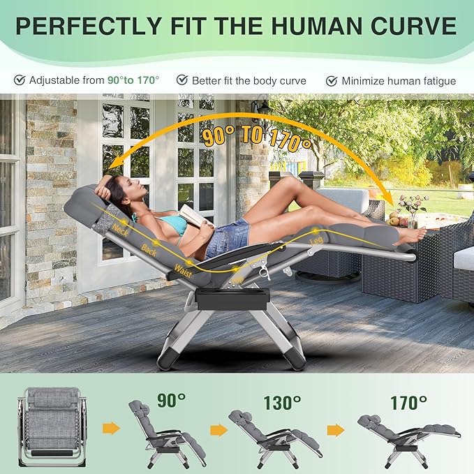 Suteck Oversized Zero Gravity Chair, 29In XL Outdoor Recliner Chair w/Removable Cushion&Headrest - Photo 4