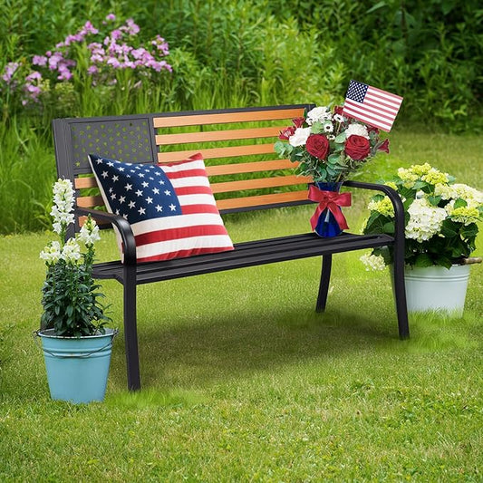 VINGLI Outdoor Metal Bench, 50in Weatherproof Garden Bench w/American Flag Style, 2-Person Sturdy Steel Patio Bench for Front Porch Yard Park