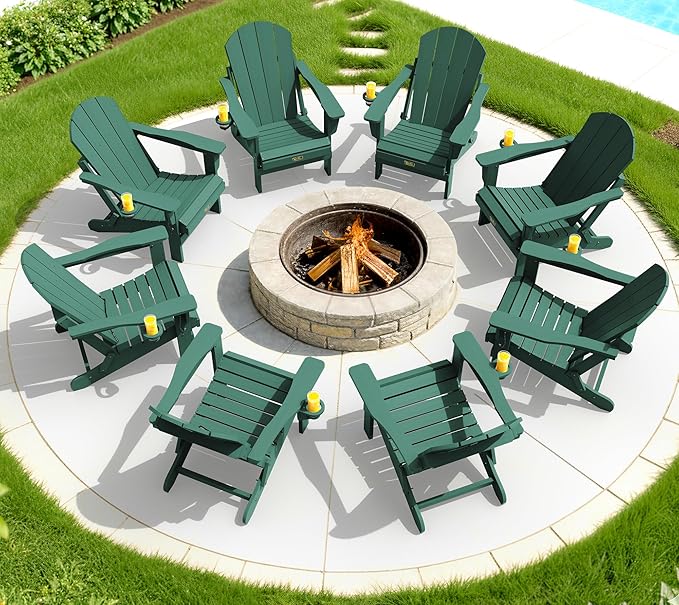 SERWALL Folding Adirondack Chair Set of 8, Painted Adirondack Chair with Cup Holder Weather Resistant for Patio Deck Garden, Fire Pit & Lawn Furniture Porch - Green