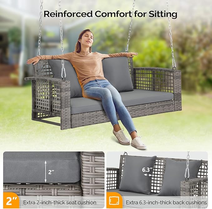 4FT Wicker Porch Swing for 2 Person, 800lb Capacity Outdoor Hanging Bench with Removable Cushions - Photo 3