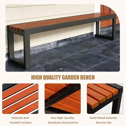 Outdoor Garden Bench with Wooden Seat & Iron Frame, All-Weather Outside Benches Heavy Duty Patio Bench for Lawn Porch Yard Park, 880lb Capacity 15.4×17.7in (WxH) Easy Assembly 59.05x15.4x17.7IN