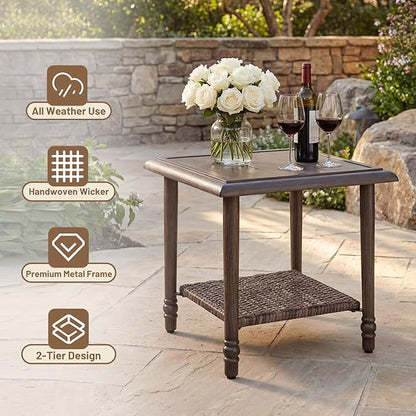 Loungewave Square Outdoor Side Table, 2-Tier Storage Patio Side Table, 20in Wicker Rattan Coffee Table, Metal End Table, Indoor Outdoor Wicker Small Table for Patio, Pool, Porch (Brown)