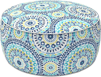 LVTXIII Indoor/Outdoor Inflatable Ottoman with Handle D21 x H9 Inch, Weather-Resistant Round Footstool Pouf for Patio Camping Living Room, Portable Footrest Extra Seating, Delancey Lagoon