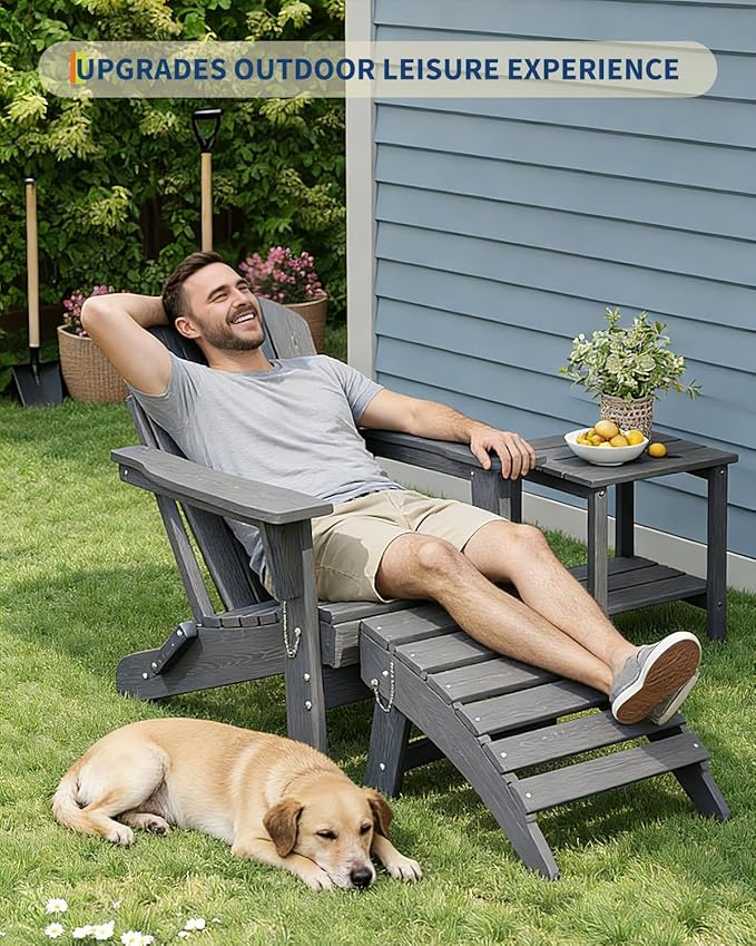 GarveeLife Folding Adirondack Ottoman for Adirondack Chair, HDPE All-Weather Footrest for in/Outdoor Patio Deck Backyard, Grey