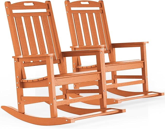 LOUNZY Outdoor Rocking Chair with Footboards Set of 2, HDPE Rocking Chair Patio Porch Rocker with 380lbs Support for Adult, Orange