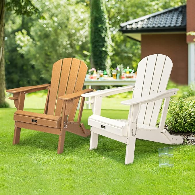 VINGLI Plastic Folding Adirondack Chair with Cup Holder, 100% Recyclable Waterproof HDPE Material, Comfortable 380lb Weight Capacity for Outdoor Pool Patio Lounge Chair Lawn Furniture Firepit (Teak)