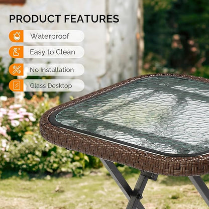 VINGLI 23.6in Modern Brown Rattan Folding Glass Outdoor Side Table, Small Patio Table with Tempered Glass Top,Rectangular,1 Pack