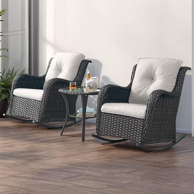 Rilyson Patio Chairs Outdoor Rocking Chair - 3 Piece Wicker Patio Bistro Set Rattan Patio Furniture Rocker Chairs and Side Table for Porch Deck Backyard Garden(Brown/Beige)
