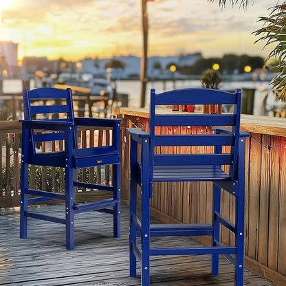 VINGLI Outdoor Bar Stools Set of 2, HDPE All-Weather Patio Bar Height Chairs Heavy-Duty Tall Adirondack Chairs for Backyard, Porch, Balcony and Poolside (Navy Blue)