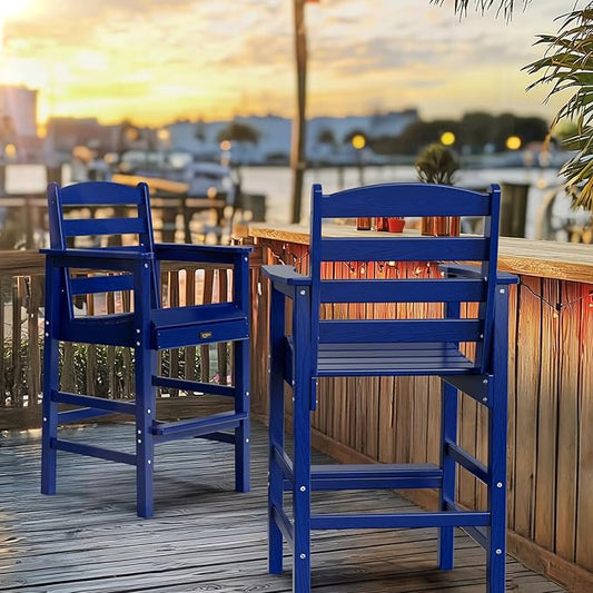VINGLI Outdoor Bar Stools Set of 2, HDPE All-Weather Patio Bar Height Chairs Heavy-Duty Tall Adirondack Chairs for Backyard, Porch, Balcony and Poolside (Navy Blue)