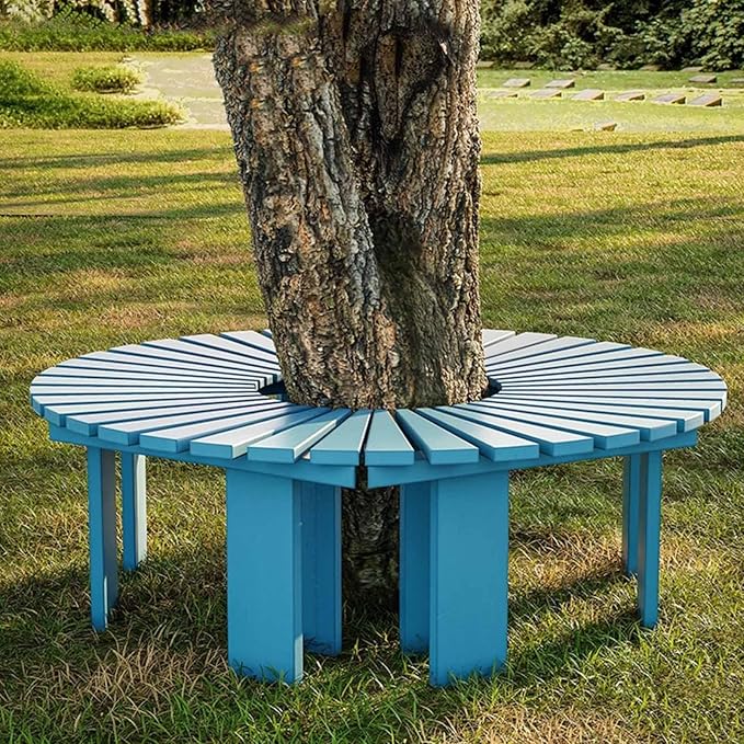 Wooden wrap Around Tree Bench Weatherproof，Semi Circle Garden Bench，Curved Outdoor Bench，for Garden, Park，Patio ，Outside，Plant(Blue,Circle)