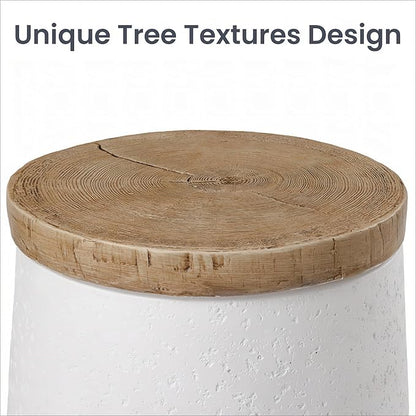 HOMPUS Outdoor Side Table, Concrete End Table Cylinder Shaped w Wood Grain Top, Small Round Outdoor Garden Stand for Patio, White