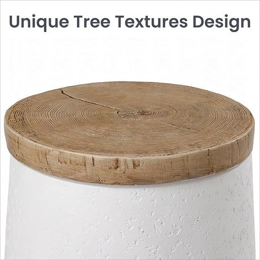 HOMPUS Outdoor Side Table, Concrete End Table Cylinder Shaped w Wood Grain Top, Small Round Outdoor Garden Stand for Patio, White