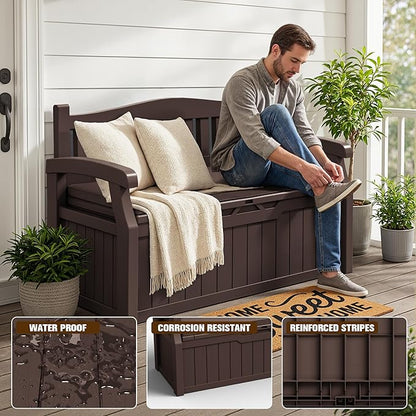 JUMMICO 80 Gallon Resin Outdoor Storage Bench with Cushion, Large Deck Box with Armrest, Lockable&Waterproof for Garden, Home, Patio, Pools (Brown, 80 Gallon)