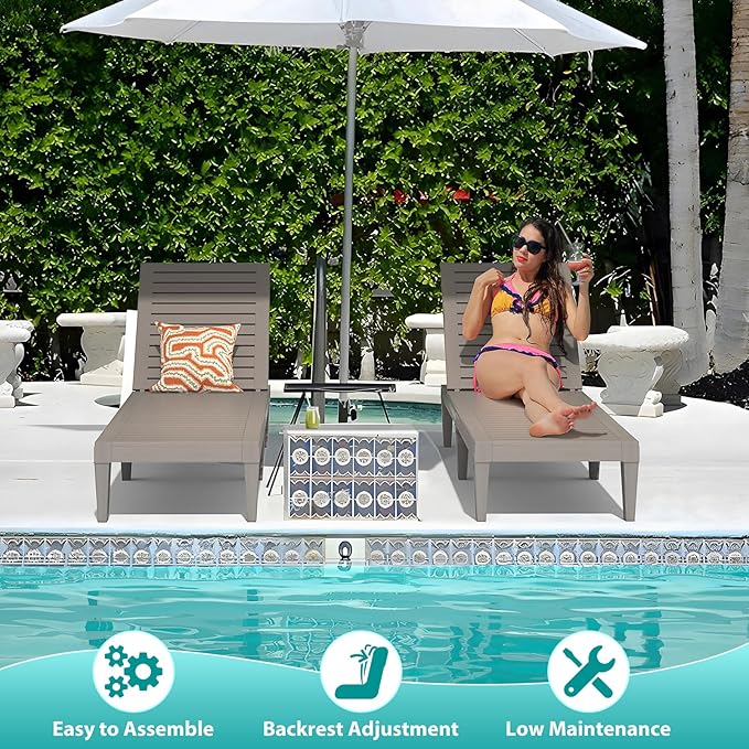 Chaise Lounge Chair Outdoor Set of 2 for Patio, Weather-Resistant Tanning Chair Recliner with Adjustable Backrest - Photo 4