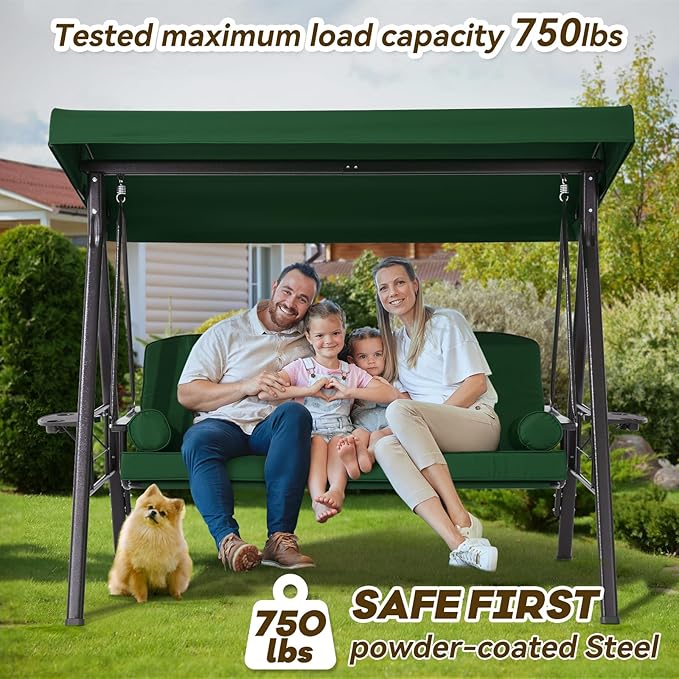 3 in 1 Outdoor Porch Swing with Canopy, 3 Seat Outdoor Swing for Adults, Patio Swing Chair with Thickened Cushions - Photo 6