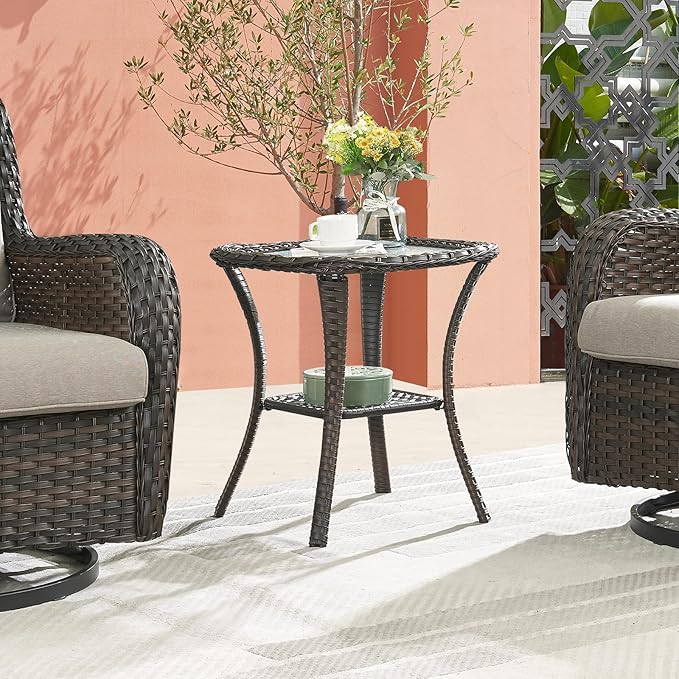 Belord Small Outdoor Side Table - Tempered Glass Wicker Table - Photo 1