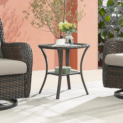 Belord Rattan Patio Side Table, 2 Tier Hand Woven Wicker Bistro Table, 5 mm Frost Glass Top Square Table, Brown Wicker