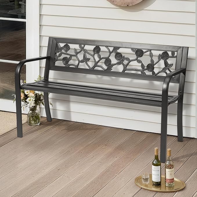 VINGLI Outdoor Metal Bench w/PVC Back - All Weather Resistant Black Garden Patio Bench for Entryway Front Porch Entryway Decor Deck (Black, Rose)