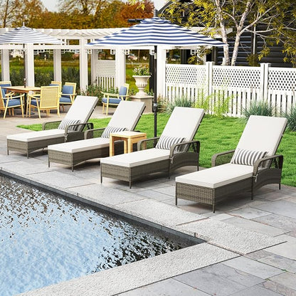 Wicker Chaise Lounge Chair, Patio Rattan Recliner with 6-Position Adjustable Backrest, Soft Cushions, Removable Lumber Pillow & Armrests, Lounger Chair for Poolside & Backyard (Off White)