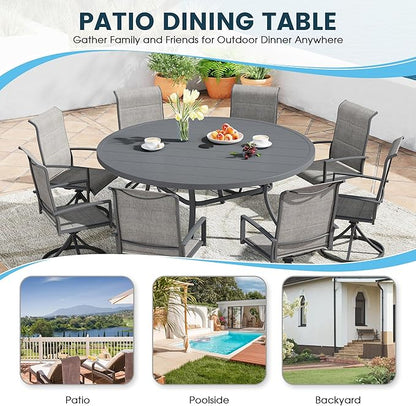 Patio Dining Table for 8-10, Round Metal Outdoor Table with 1.57" Umbrella Hole, 60" Outdoor Slat Tabletop Dining Table for Backyard, Porch, Lawn, Dark Grey