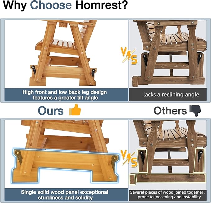 HOMREST Wooden Patio Glider Chair with Cup Holders Heavy Duty 700LBS Outdoor Rocking Chair with Ergonomic Deep - Photo 8