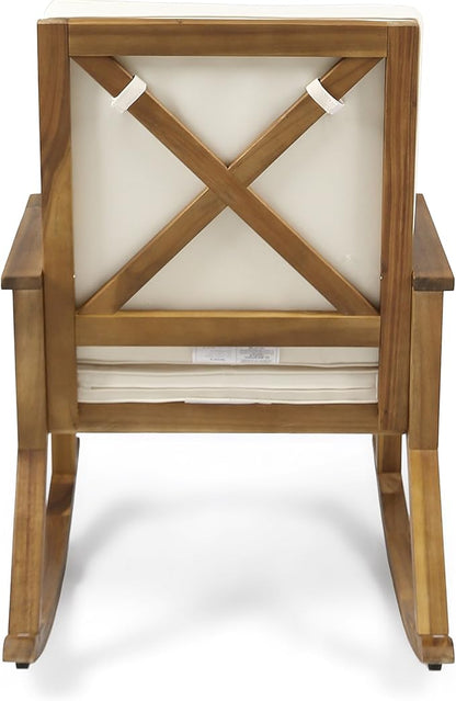 Christopher Knight Home Brent Outdoor Acacia Wood Rocking Chair with Water-Resistant, Teak Finish/Cream Cushion