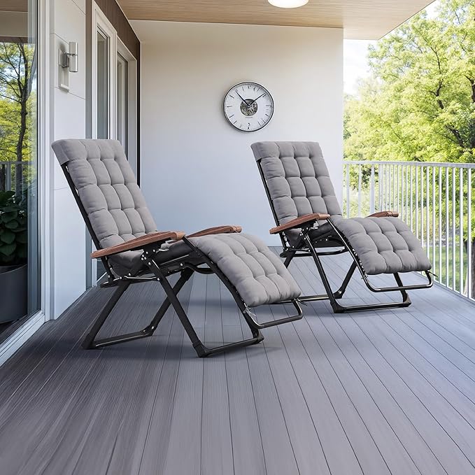 PURPLE LEAF Oversized Outdoor Reclining Chair Set of 2 Patio Zero Gravity Chaise Lounge Folding Chair with Removable Cushion Adjustable Headrest for Lawn Camping Beach Pool Grey