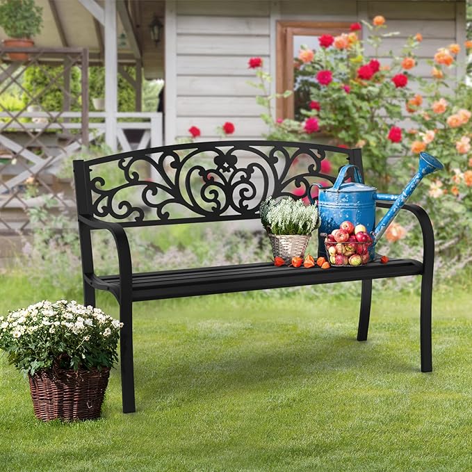 VINGLI Outdoor Bench for Patio Metal Garden Bench w/PVC Back Pattern, Black Park Benches Front Porch Benches for Yard Lawn Decor Deck Entryway (Black-Floral)