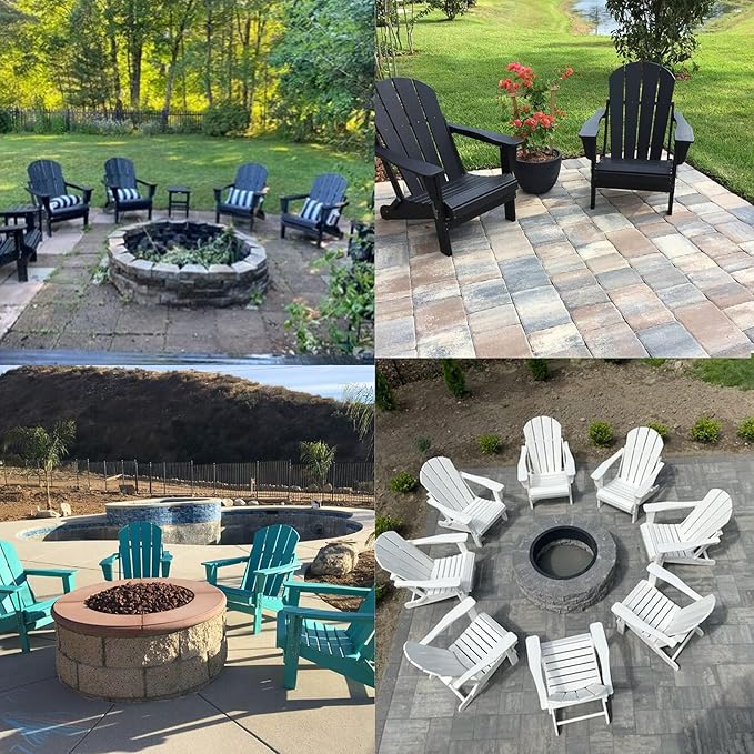 Adirondack Chair with Cup Holder, Folding HDPE Patio Chairs, Outdoor Plastic Fire Pit Chair, Wood Texture, Lawn Chairs for Deck, Porch, Backyard, Garden, Navy Blue