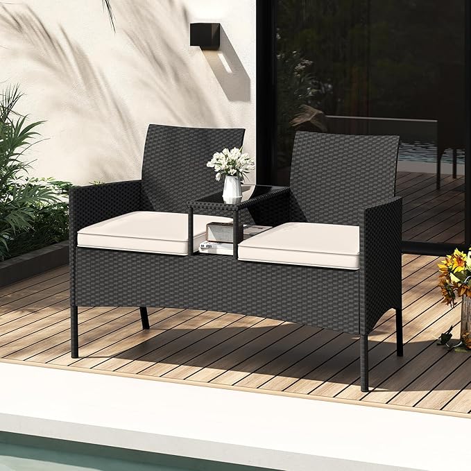 HAPPYGRILL Outdoor Rattan Loveseat, 2-Seat Patio Conversation Set with Built-in Coffee Table, Cushions, Wicker Bench Furniture for Backyard, Garden, Balcony, Porch (Beige)